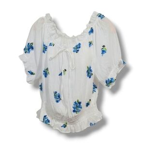 Meraki Women’s White Blue Floral Boho Peasant Blouse - Medium